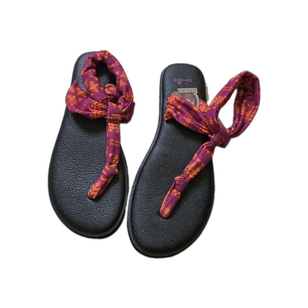 NWOT Sanuk Yoga Mat Sling Sandals Purple Orange Aztec Print Women’s Size 7